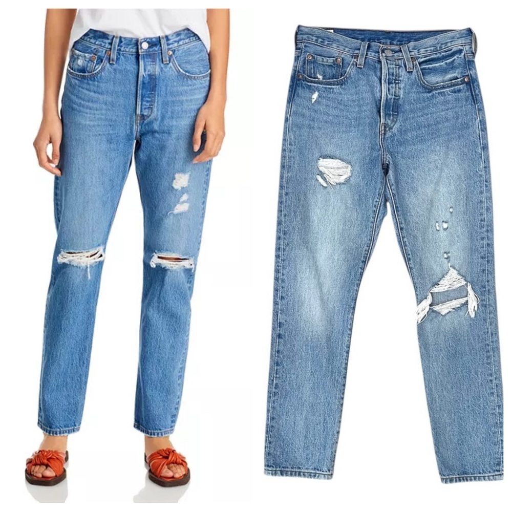 Vintage Levi’s 501 S High Rise Distressed Faded Wash Ankle Rigid Straight Jeans